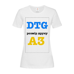 Прямая печать на белой женской футболке (стандарт, формат А3, 350 грн при тираже 1-2 шт)