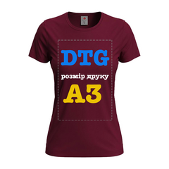Прямая печать на цветной женской футболке (стандарт, формат А3, 382 грн при тираже 1-2 шт)
